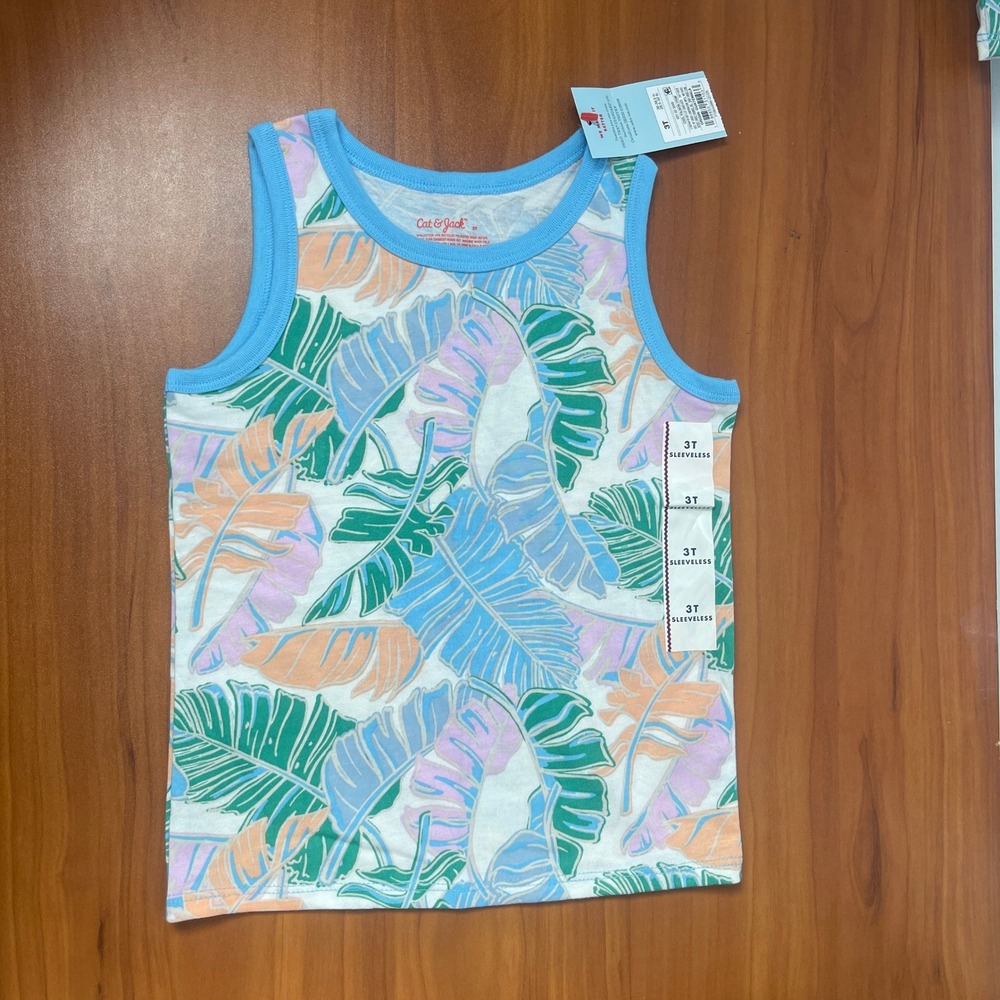 Cat & Jack Girls 3T Tropical Palm Leaf Tank Top and‎ White Bike Shorts Set NEW - Picture 6 of 8